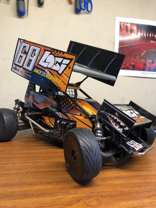Black and Orange Themed Losi 22 Sprint Car Wrap - Bold Racing Colors Design with Gloss Laminate