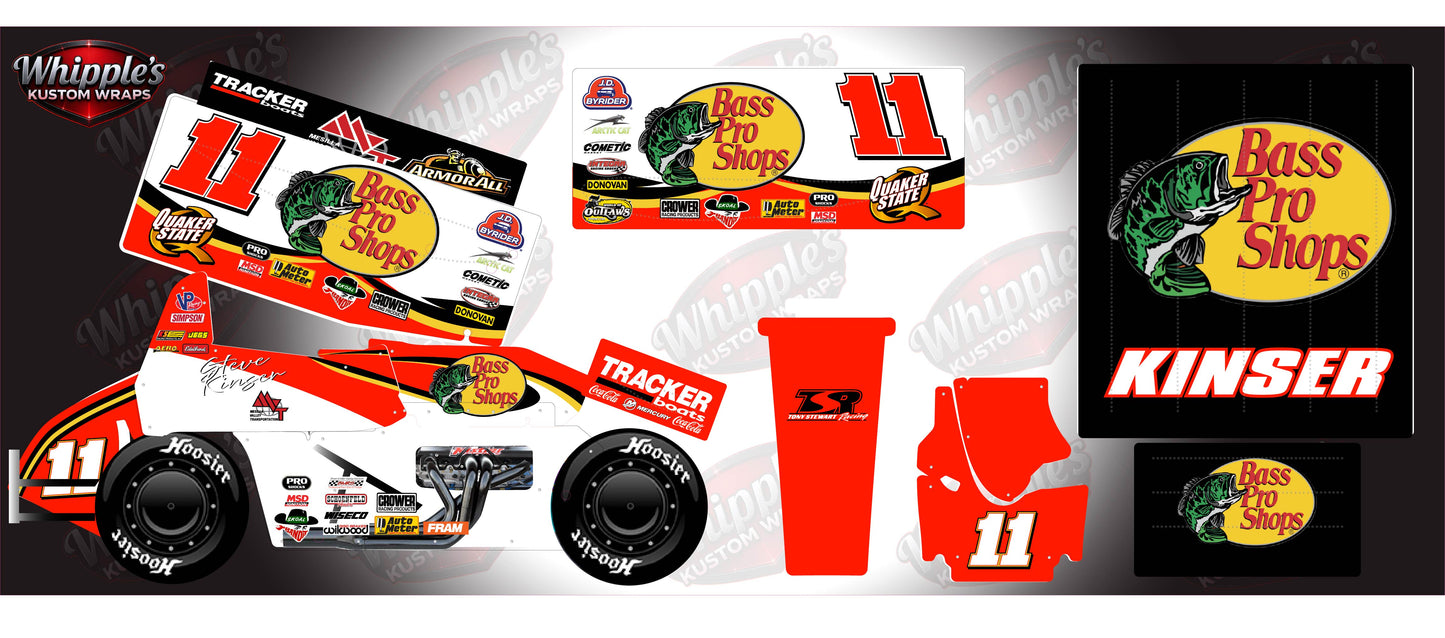 Steve Kinser Bass Pro Themed Losi 22 Sprint Car Wrap with Gloss Laminate and chassis skin